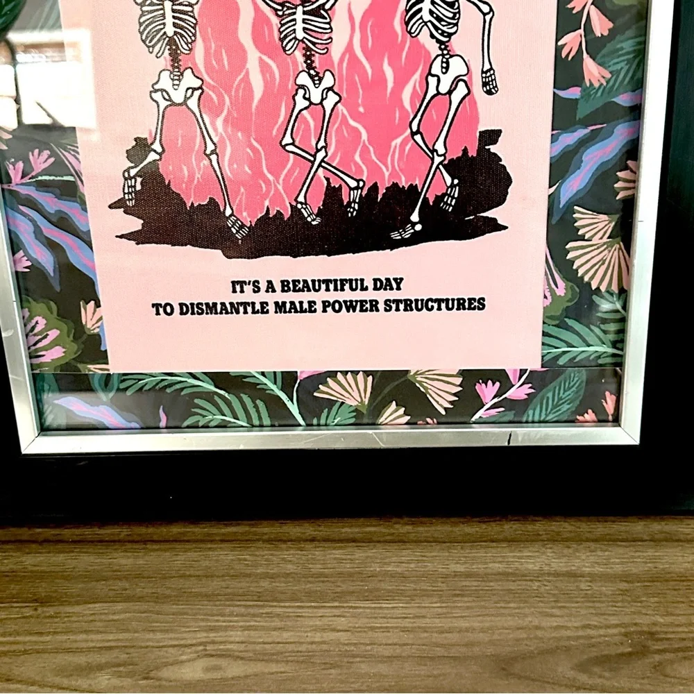 Burn the Patriarchy Skeleton Fire Pink Moody Floral Canvas Art Print Framed Art